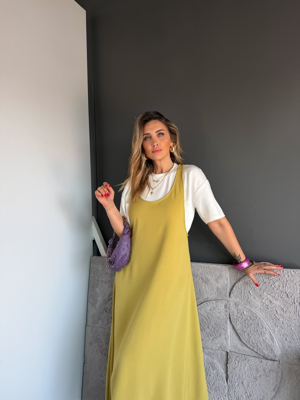 Yağ Yeşili Tshirtlü Askılı Basic Elbise
