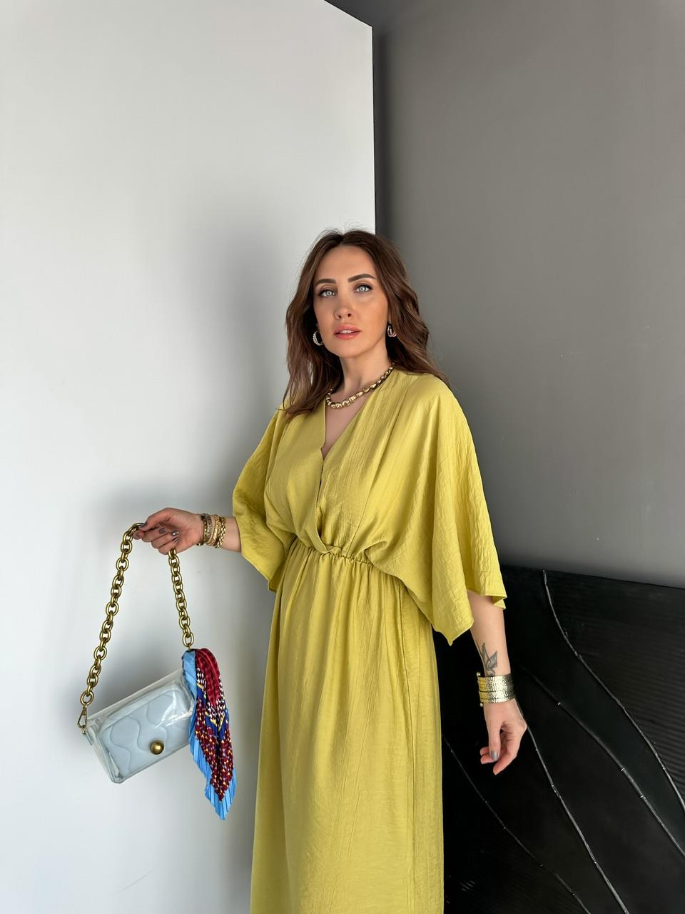 Yağ Yeşili Yarasa Kol Beli Lastikli Elbise