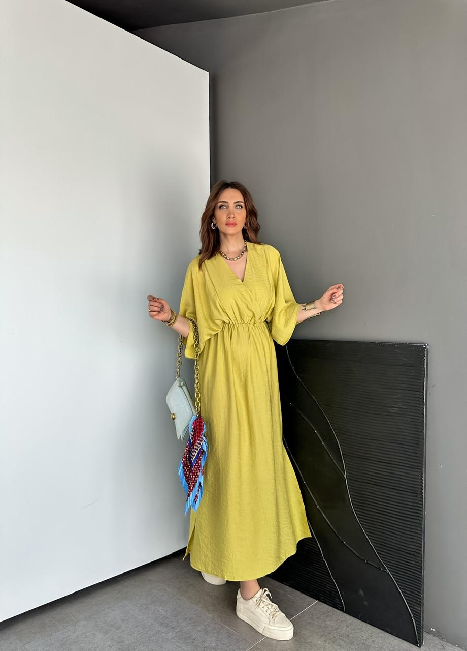 Yağ Yeşili Yarasa Kol Beli Lastikli Elbise