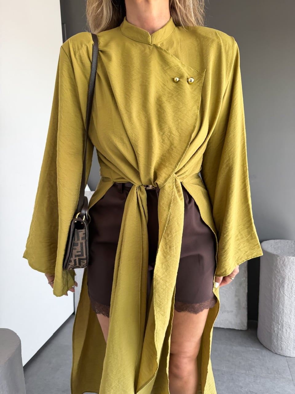 Yağ Yeşili Yırtmaçlı Uzun Kimono
