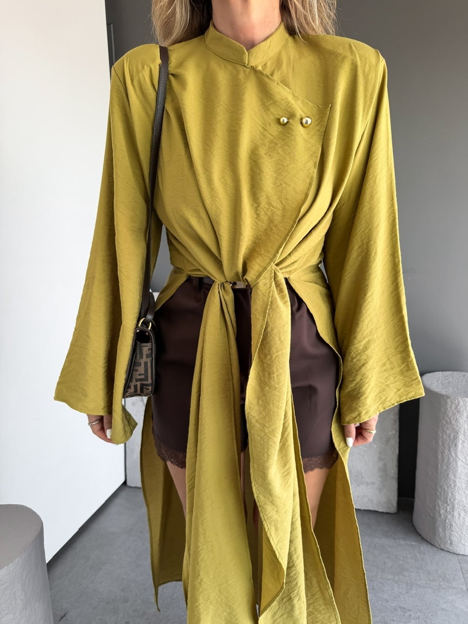 Yağ Yeşili Yırtmaçlı Uzun Kimono