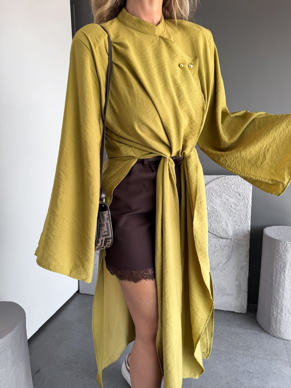 Yağ Yeşili Yırtmaçlı Uzun Kimono