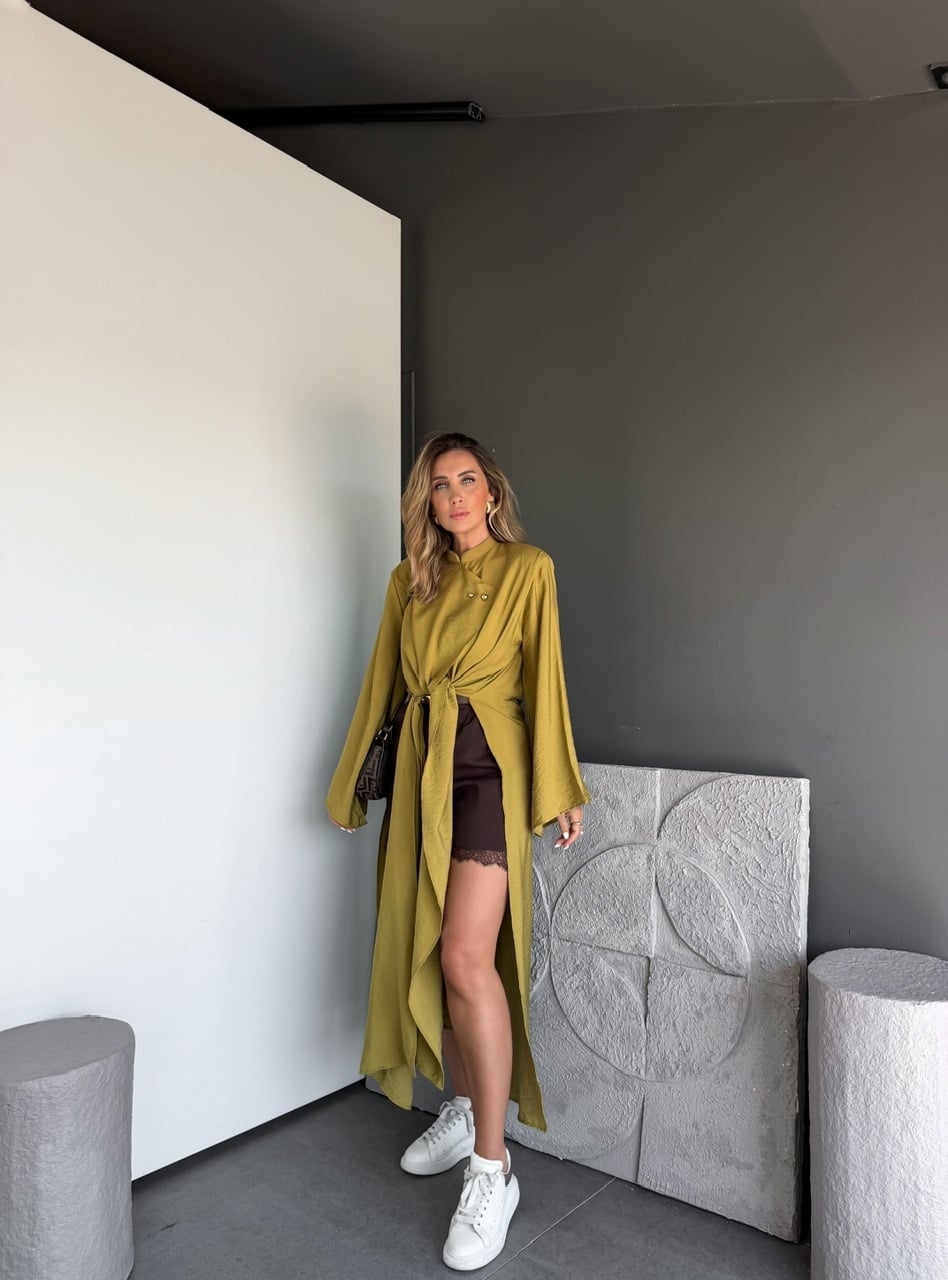 Yağ Yeşili Yırtmaçlı Uzun Kimono