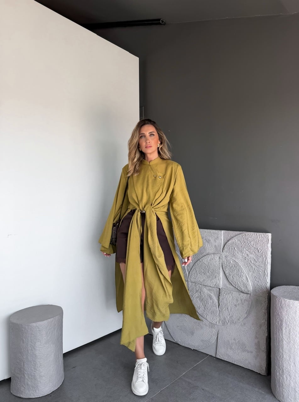 Yağ Yeşili Yırtmaçlı Uzun Kimono
