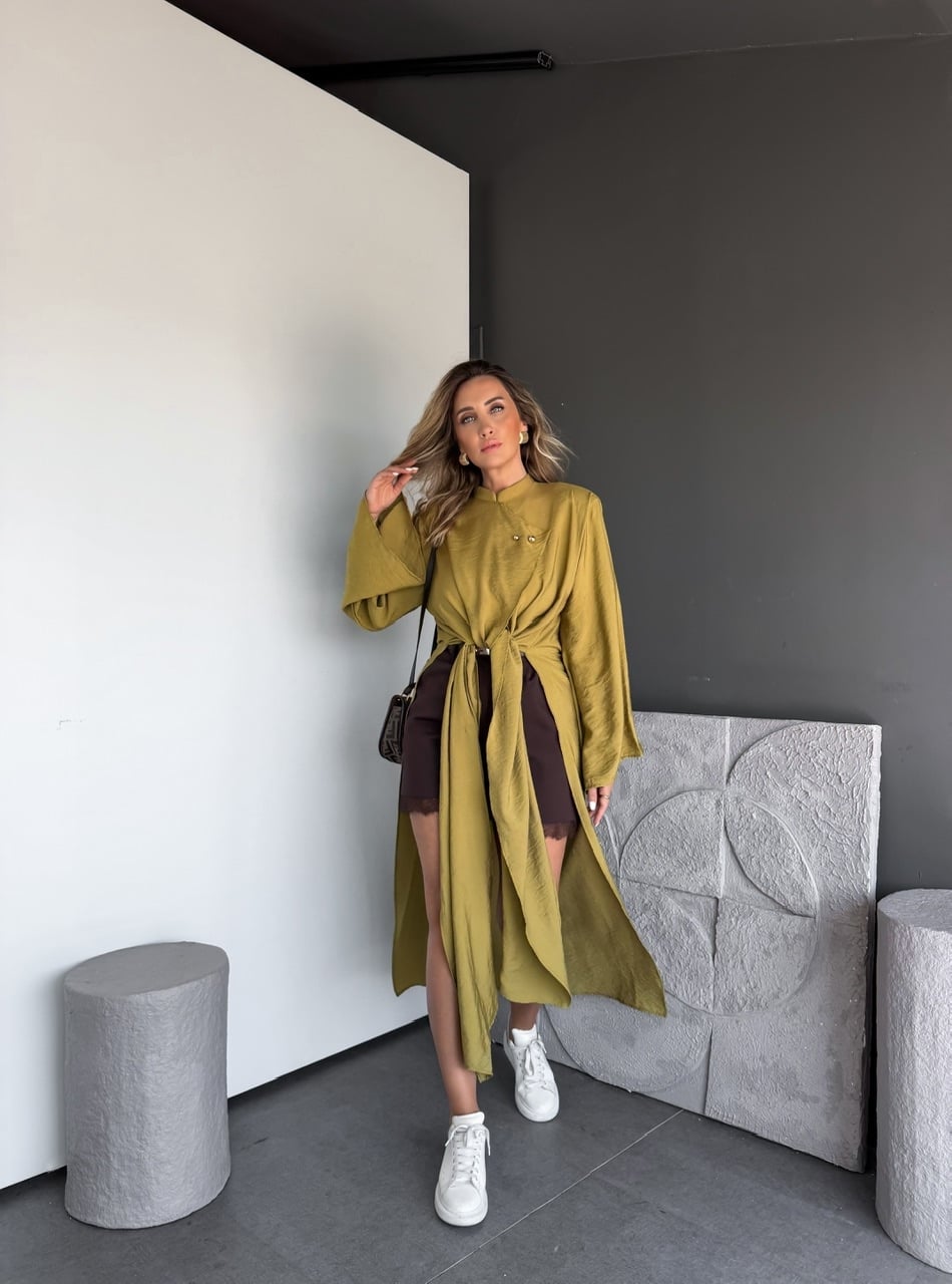 Yağ Yeşili Yırtmaçlı Uzun Kimono