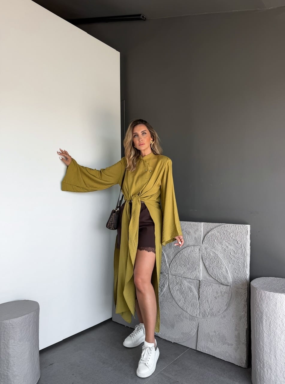 Yağ Yeşili Yırtmaçlı Uzun Kimono