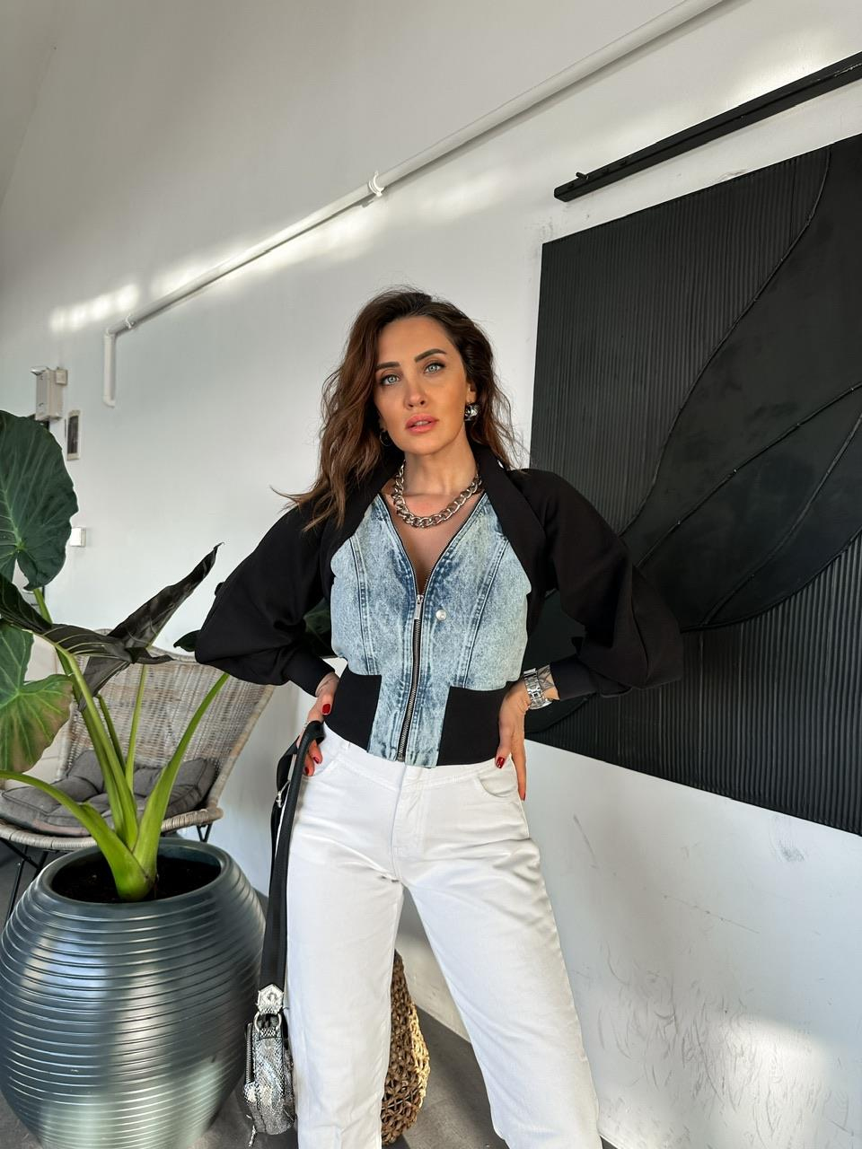 Yarasa Kollu Jean Detaylı Ceket