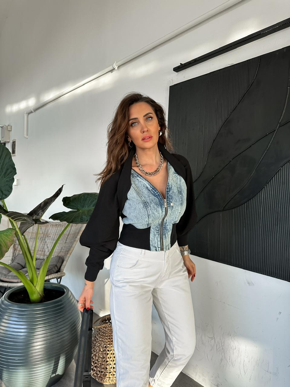 Yarasa Kollu Jean Detaylı Ceket