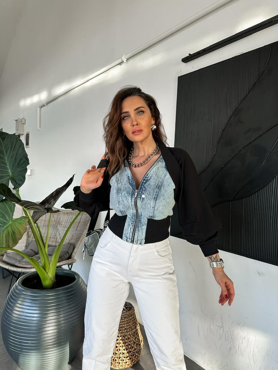 Yarasa Kollu Jean Detaylı Ceket