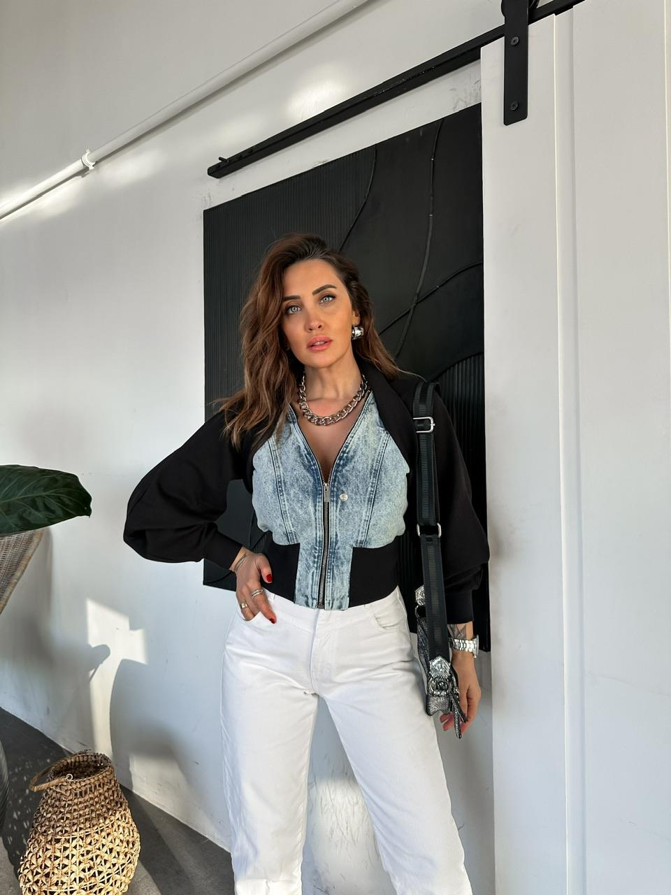 Yarasa Kollu Jean Detaylı Ceket