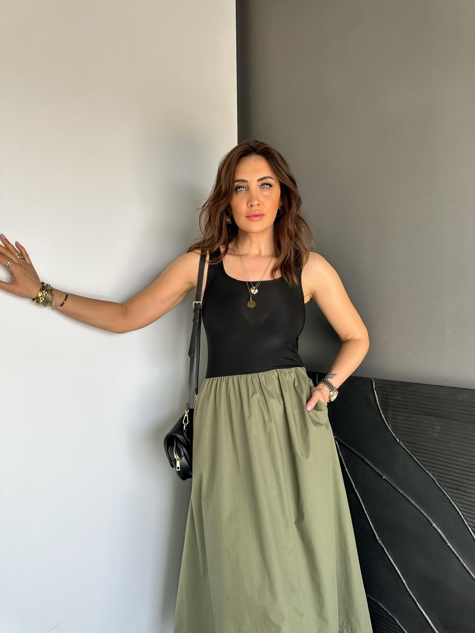 Yeşil Atletli Beli Lastikli Elbise