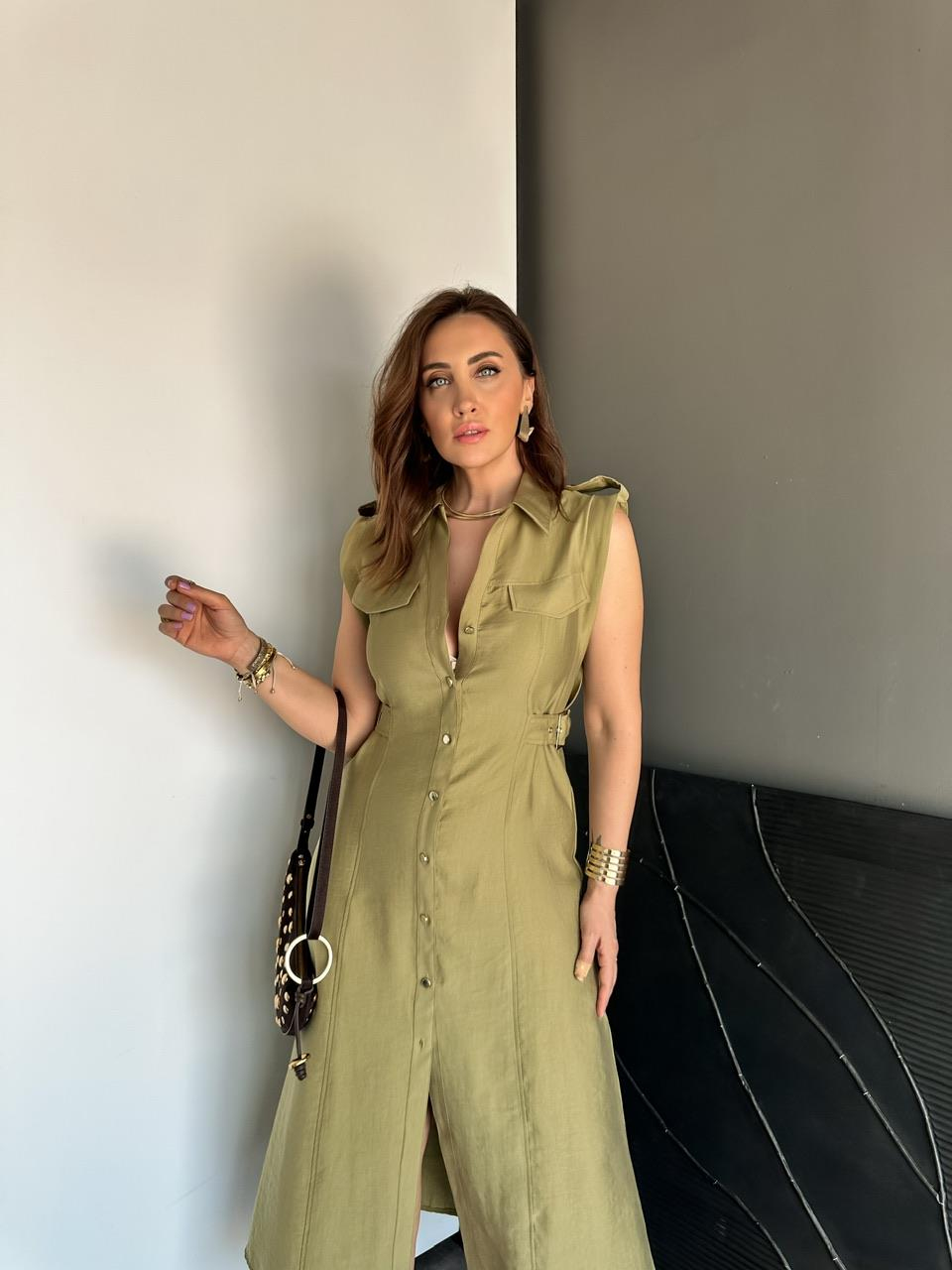 Yeşil Ayarlanabilir Bel Kemerli Elbise