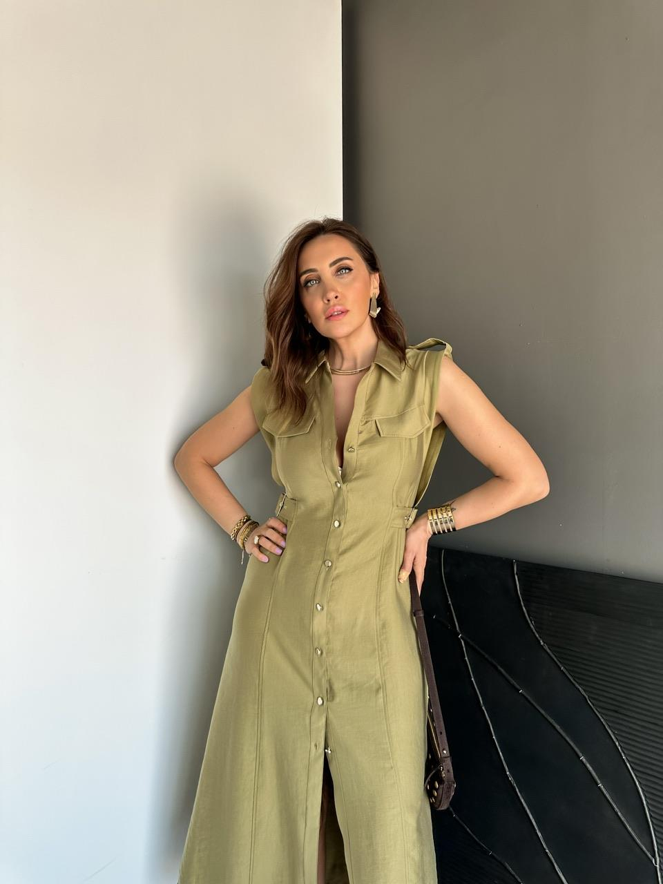 Yeşil Ayarlanabilir Bel Kemerli Elbise
