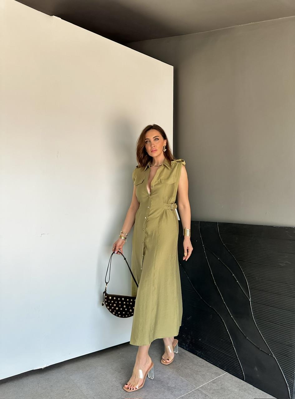 Yeşil Ayarlanabilir Bel Kemerli Elbise