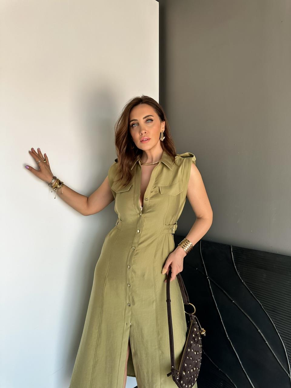 Yeşil Ayarlanabilir Bel Kemerli Elbise
