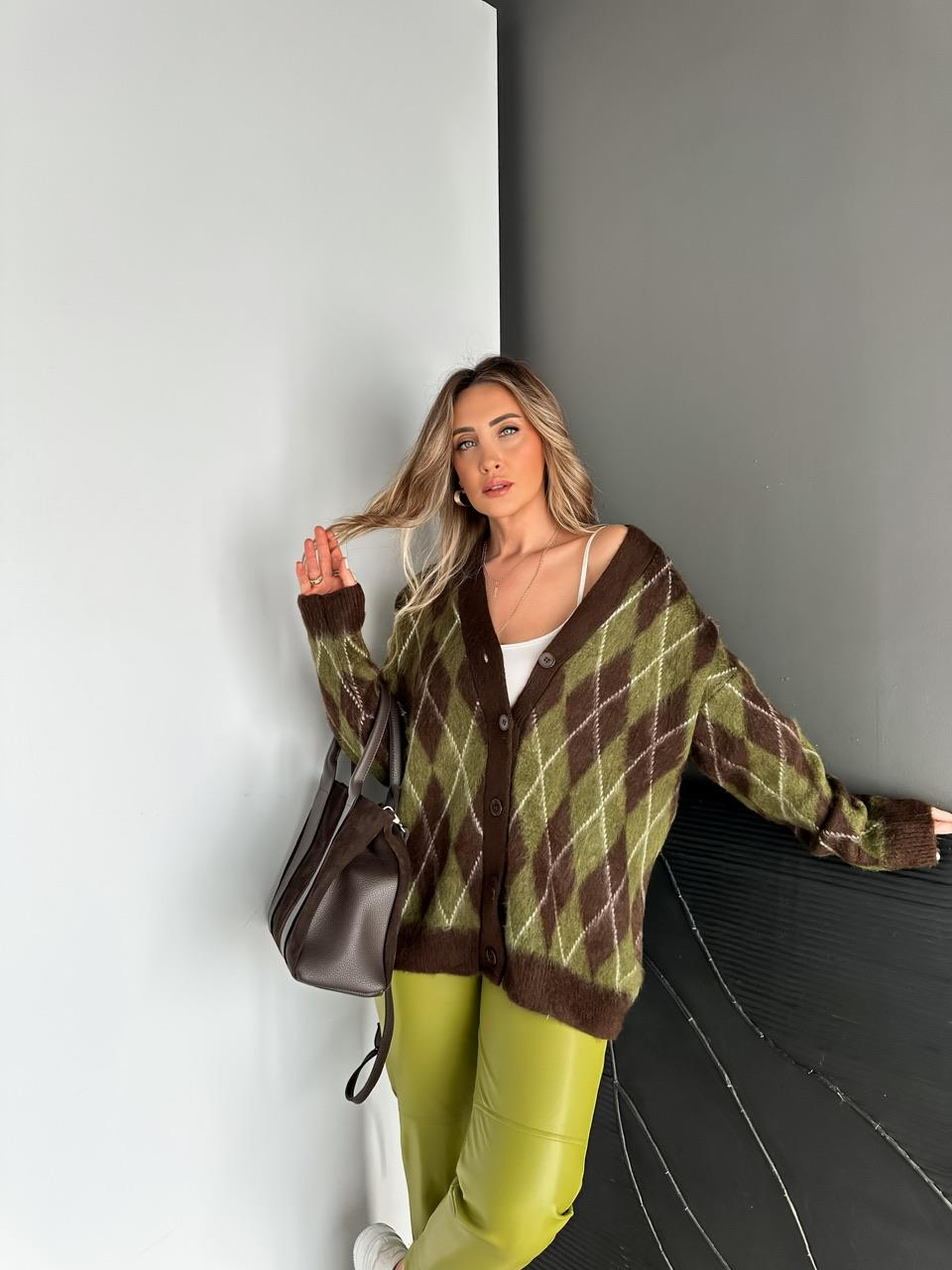Yeşil Baklava Desen Dokulu Salaş Hırka