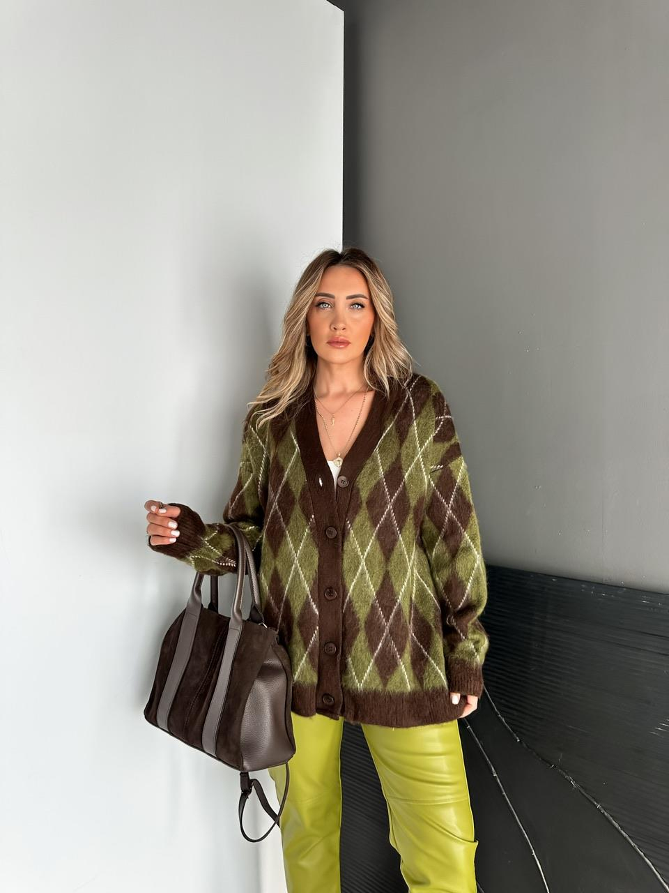 Yeşil Baklava Desen Dokulu Salaş Hırka