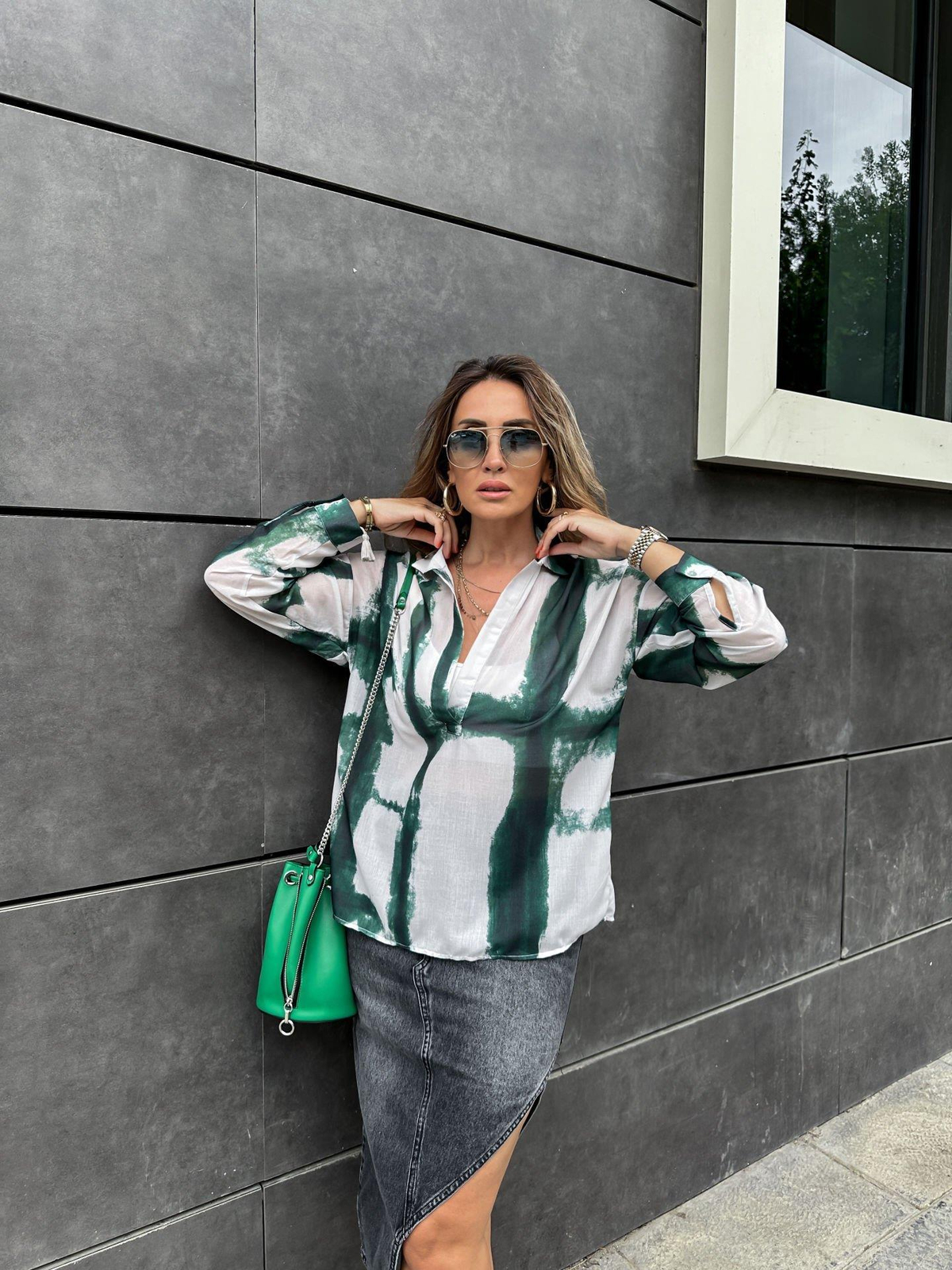 Yeşil Batik Desen Polo Yaka Gömlek
