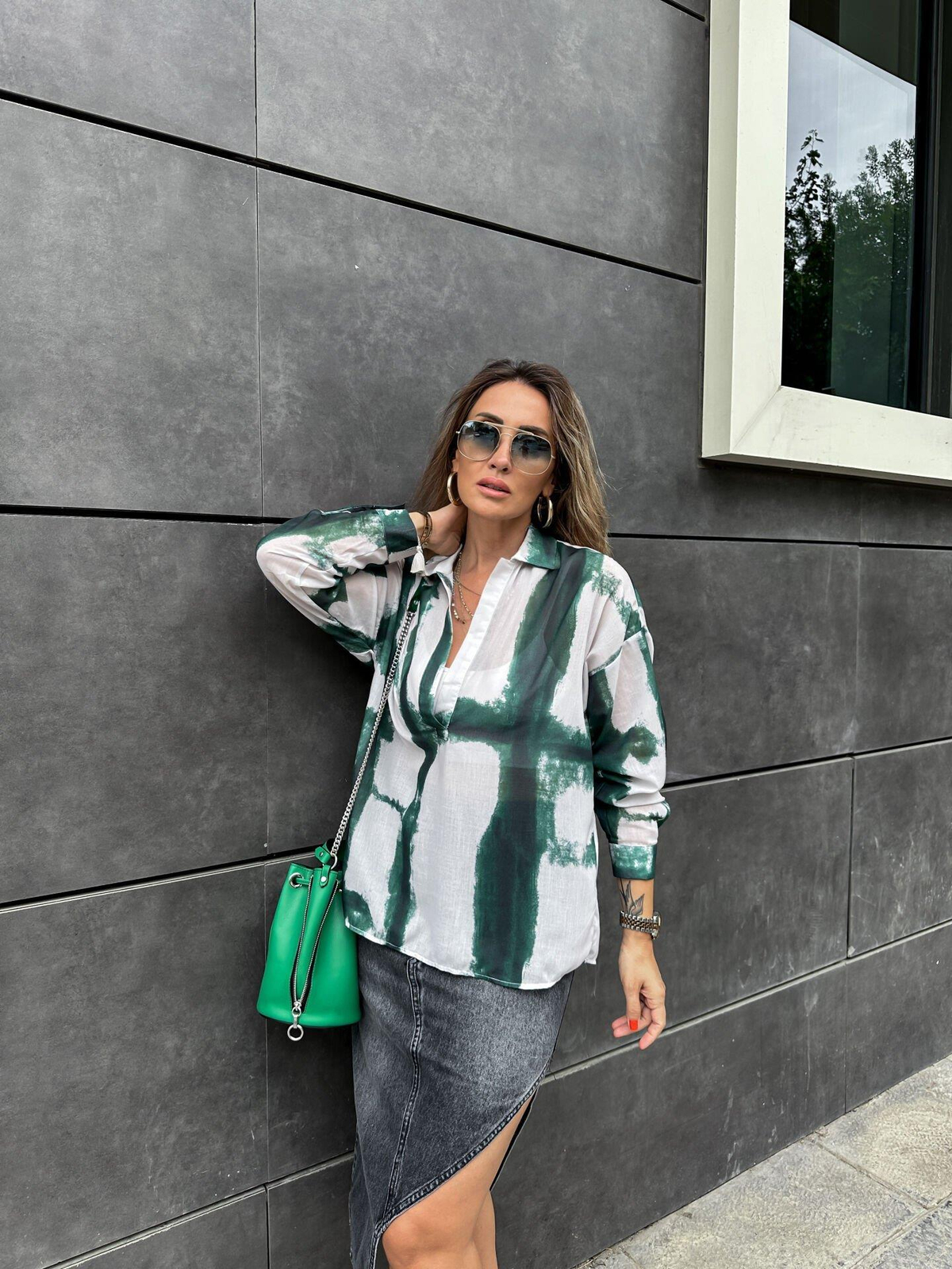Yeşil Batik Desen Polo Yaka Gömlek