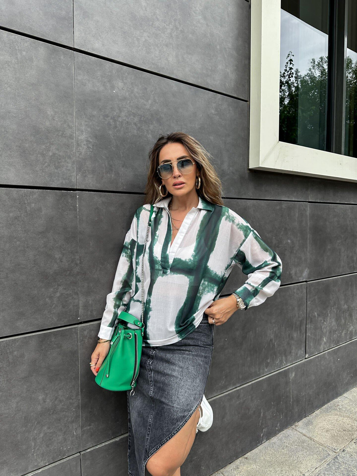 Yeşil Batik Desen Polo Yaka Gömlek