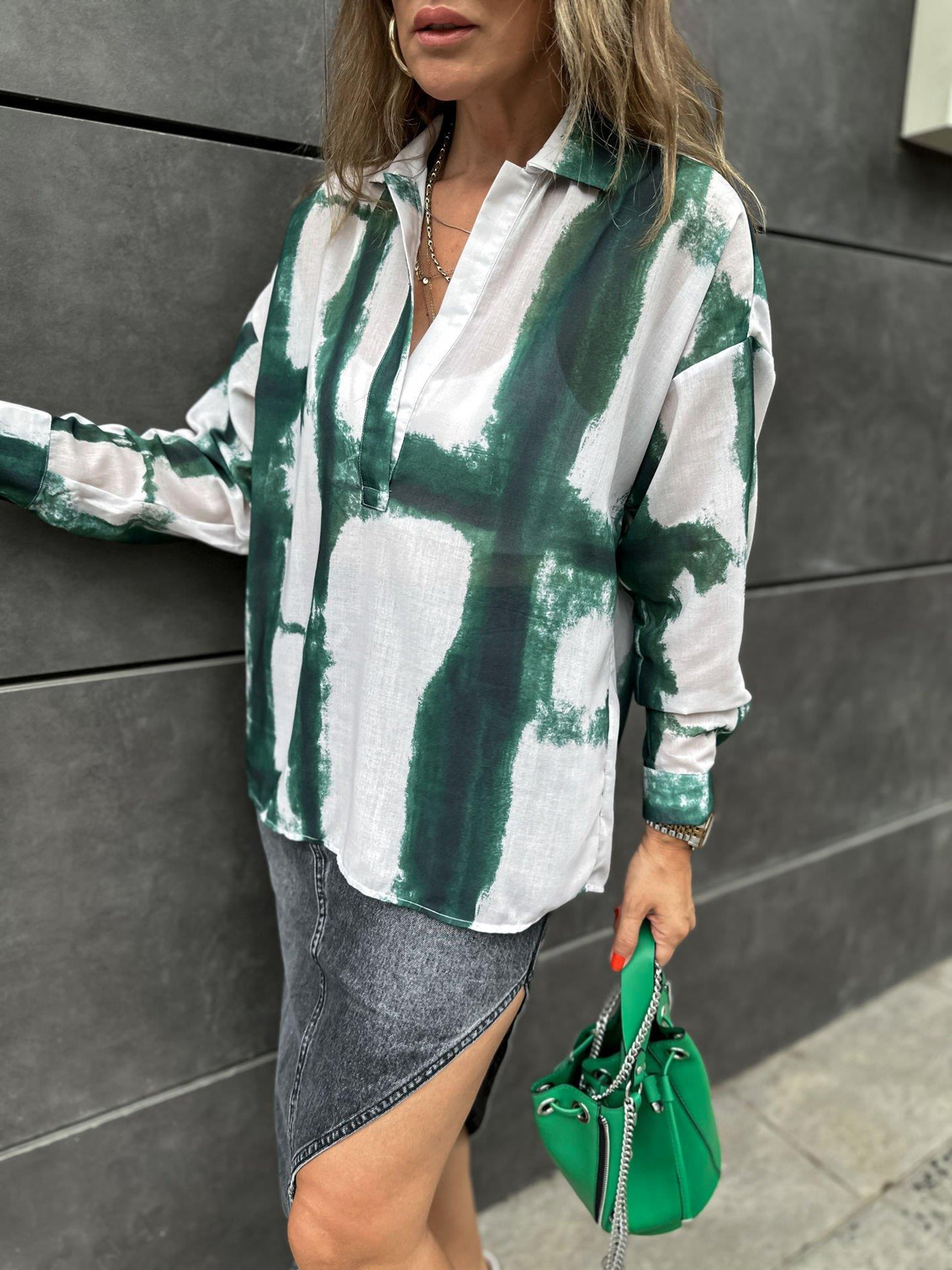 Yeşil Batik Desen Polo Yaka Gömlek