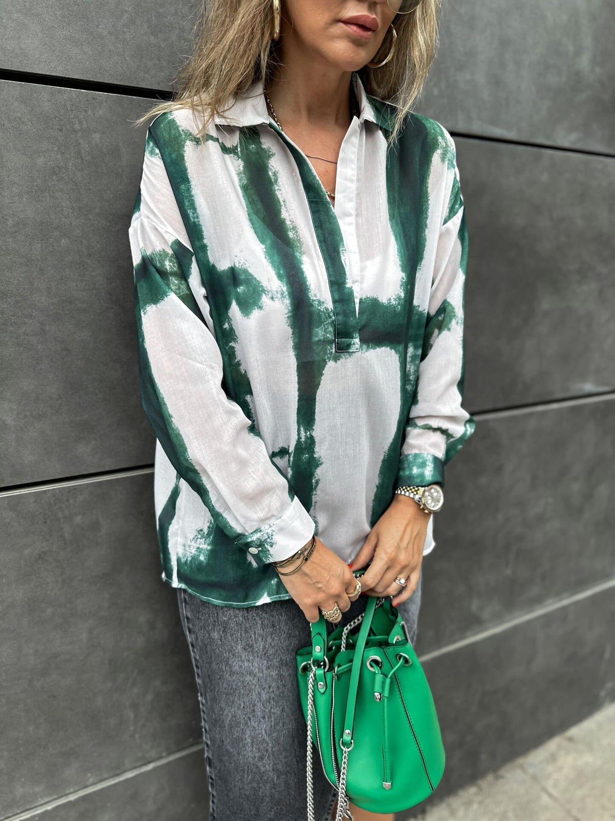 Yeşil Batik Desen Polo Yaka Gömlek