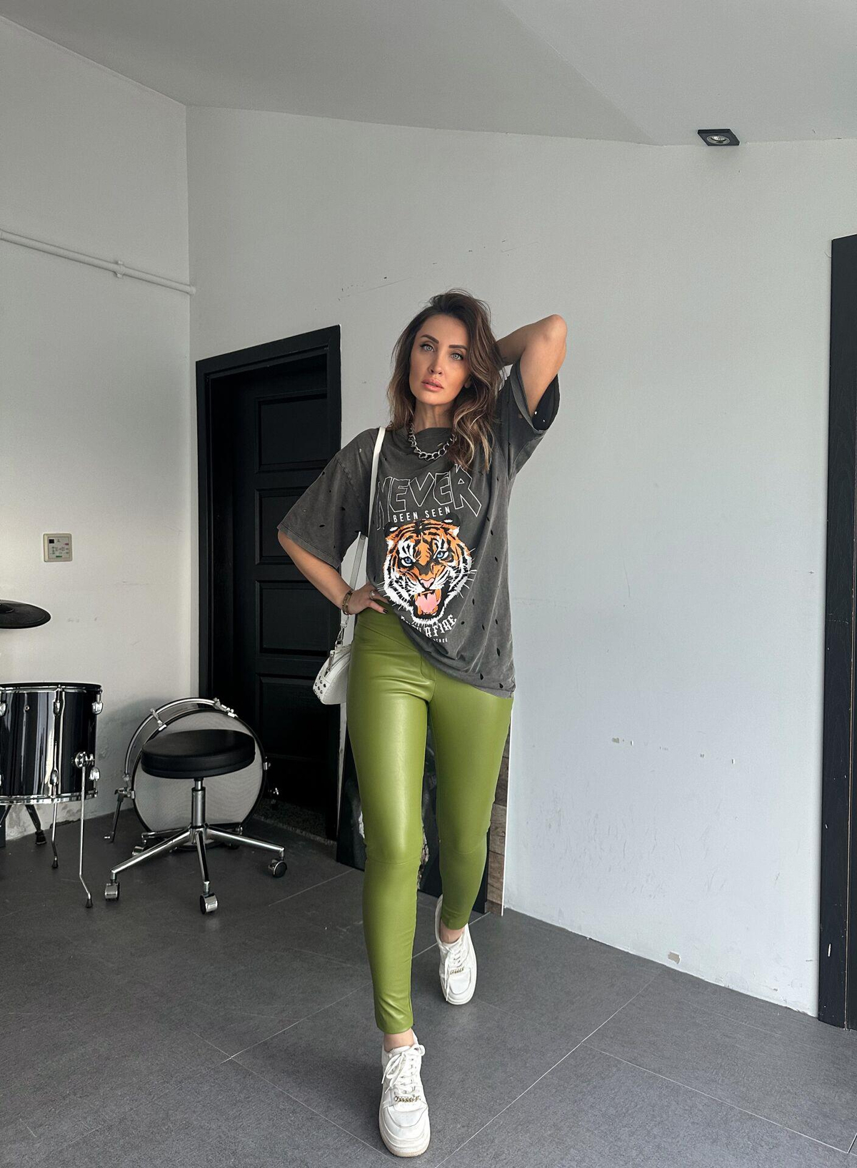 Yeşil Bel Detaylı Deri Tayt