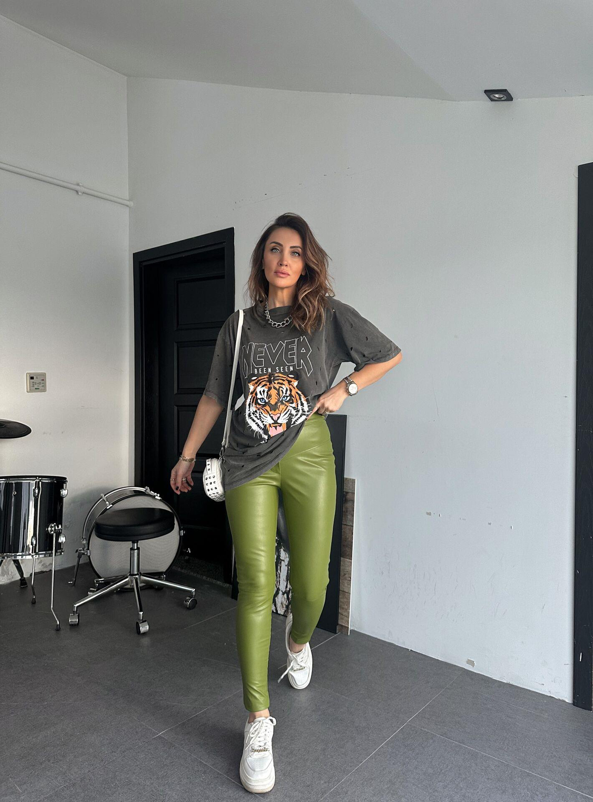 Yeşil Bel Detaylı Deri Tayt