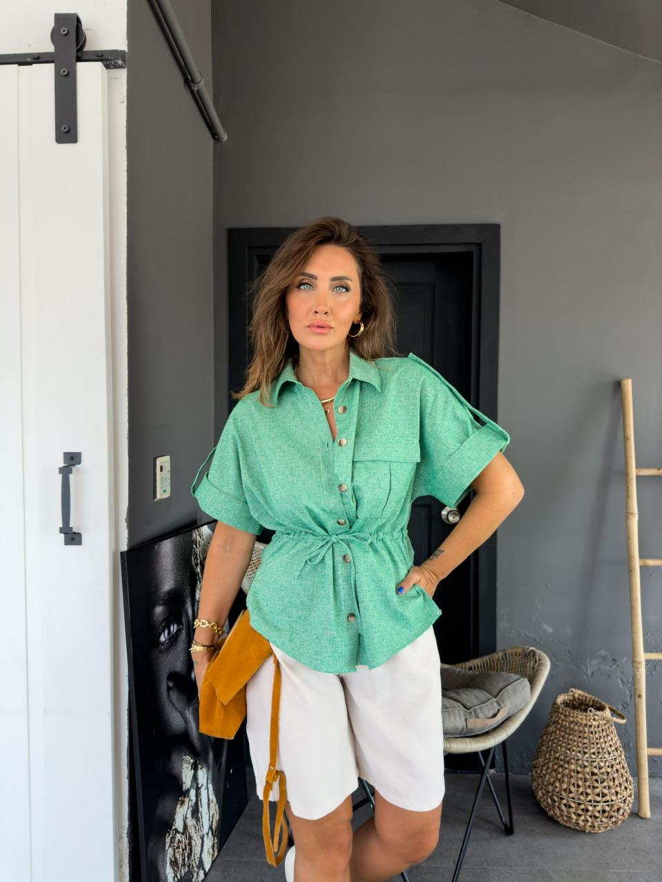 Yeşil Beli İpli Keten Modal Ceket