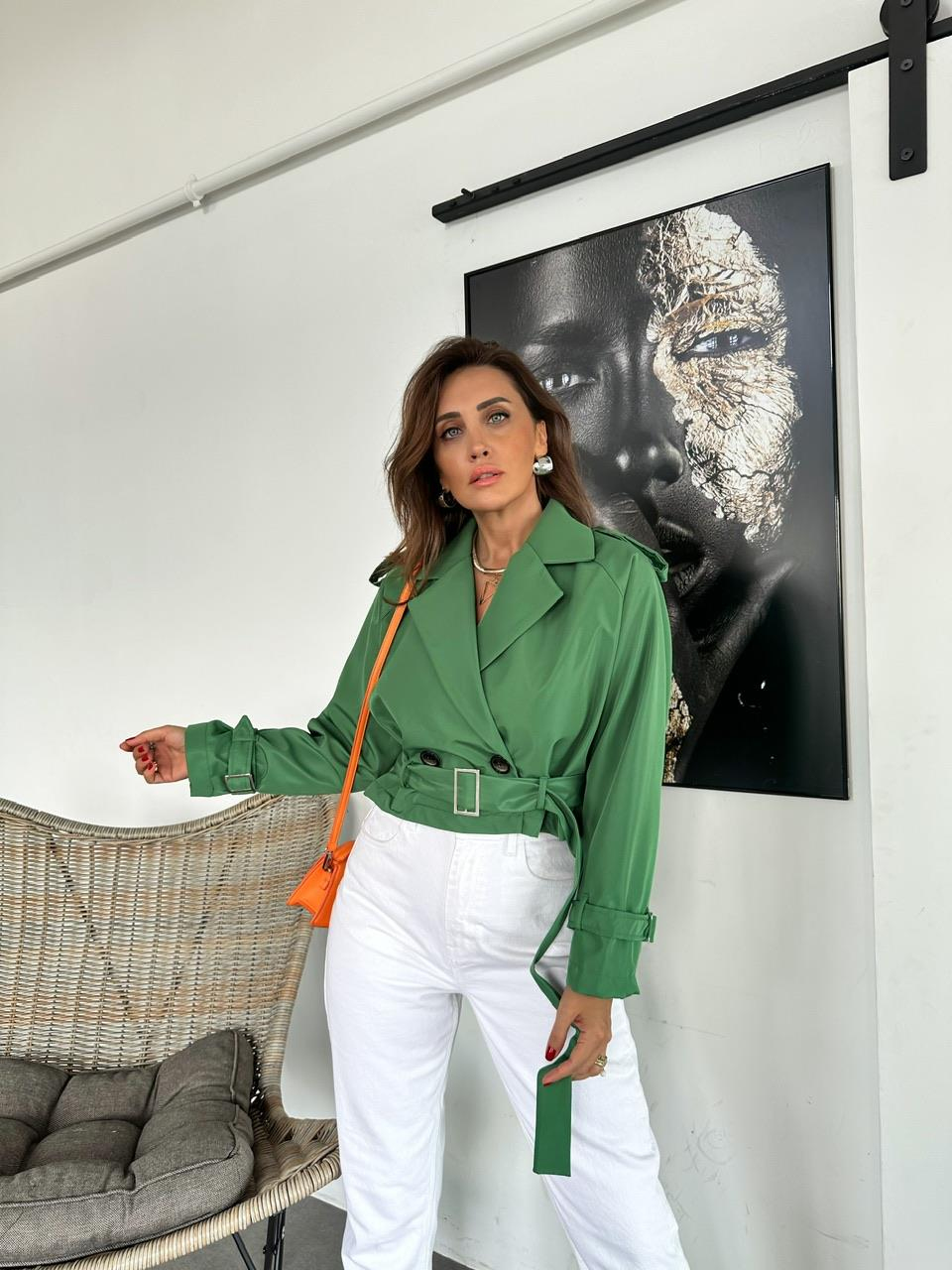 Yeşil Beli Kemerli Crop Trençkot