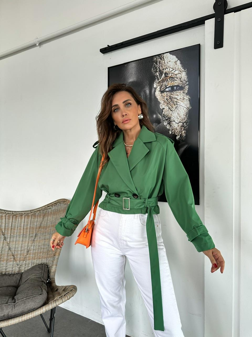Yeşil Beli Kemerli Crop Trençkot