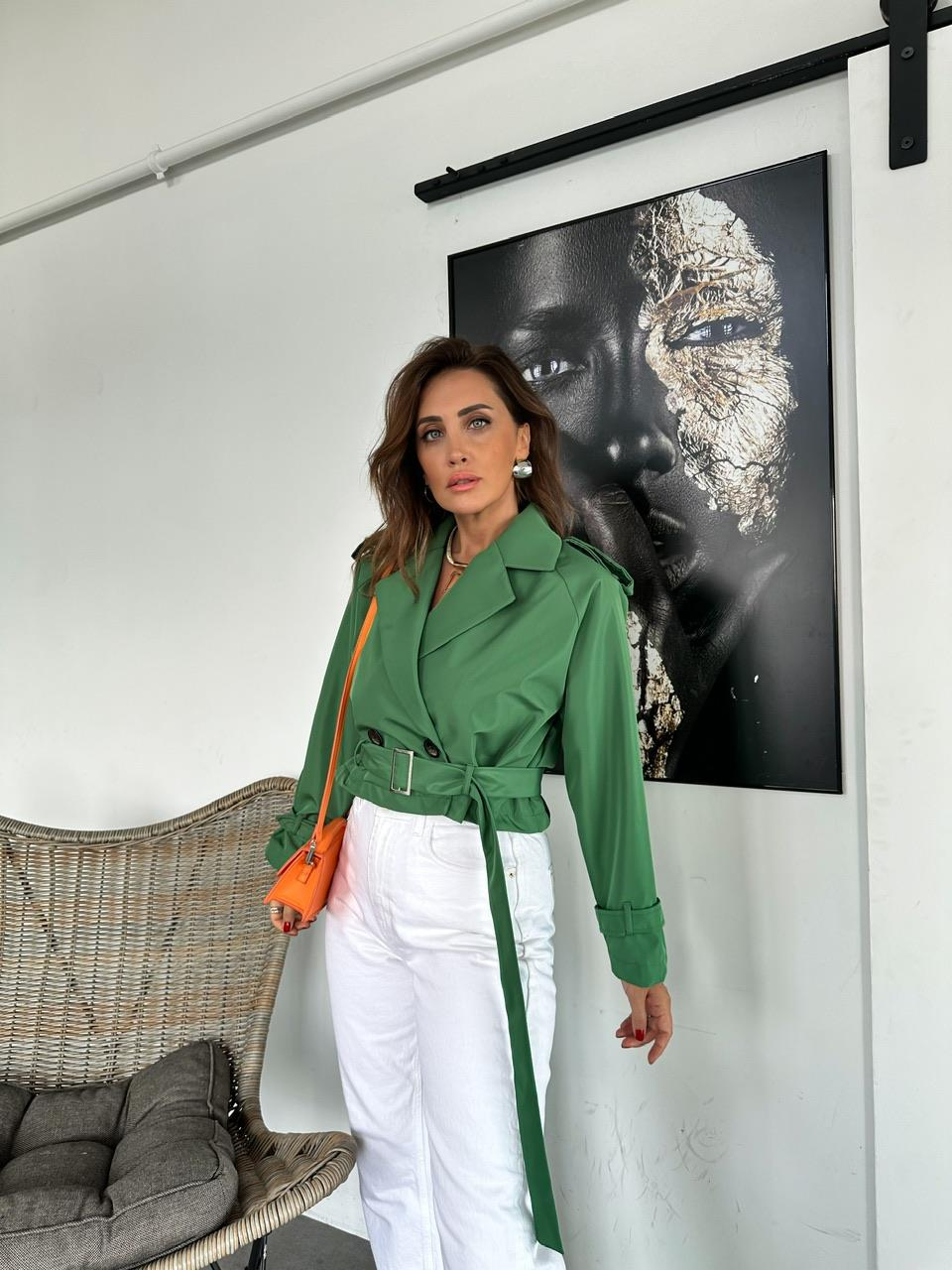 Yeşil Beli Kemerli Crop Trençkot