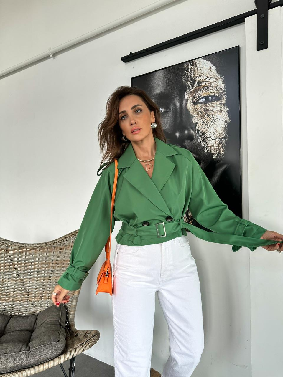 Yeşil Beli Kemerli Crop Trençkot
