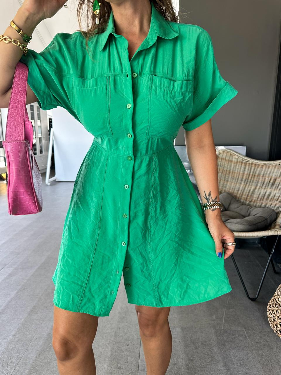 Yeşil Beli Lastikli Modal Mini Elbise