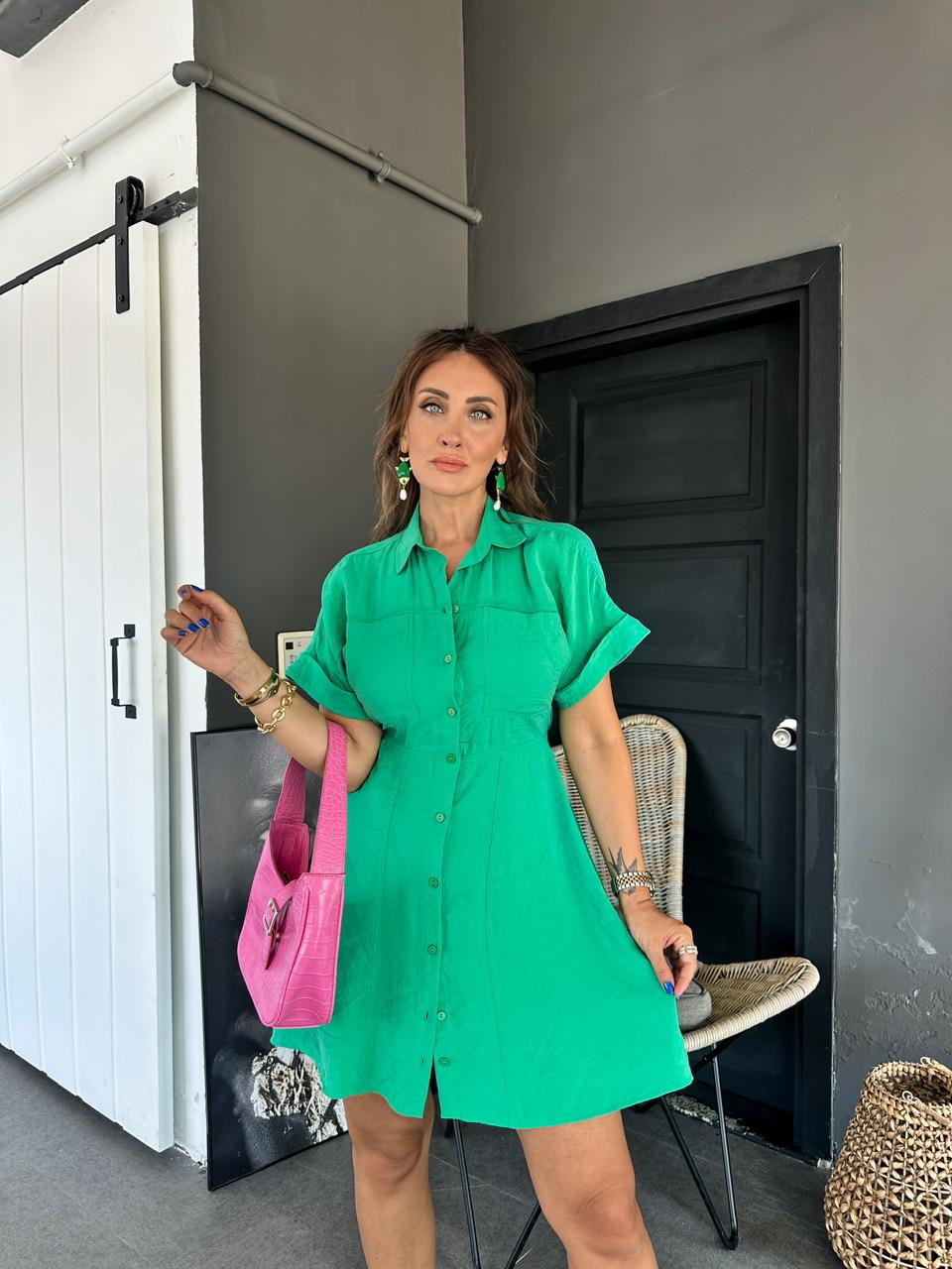 Yeşil Beli Lastikli Modal Mini Elbise