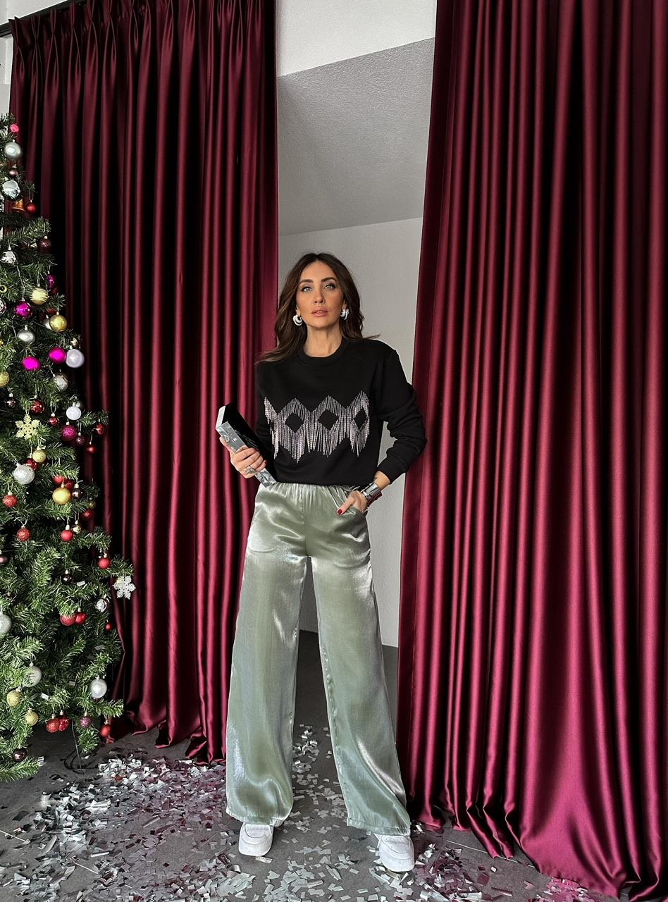 Yeşil Beli Lastikli Parlak Pantolon