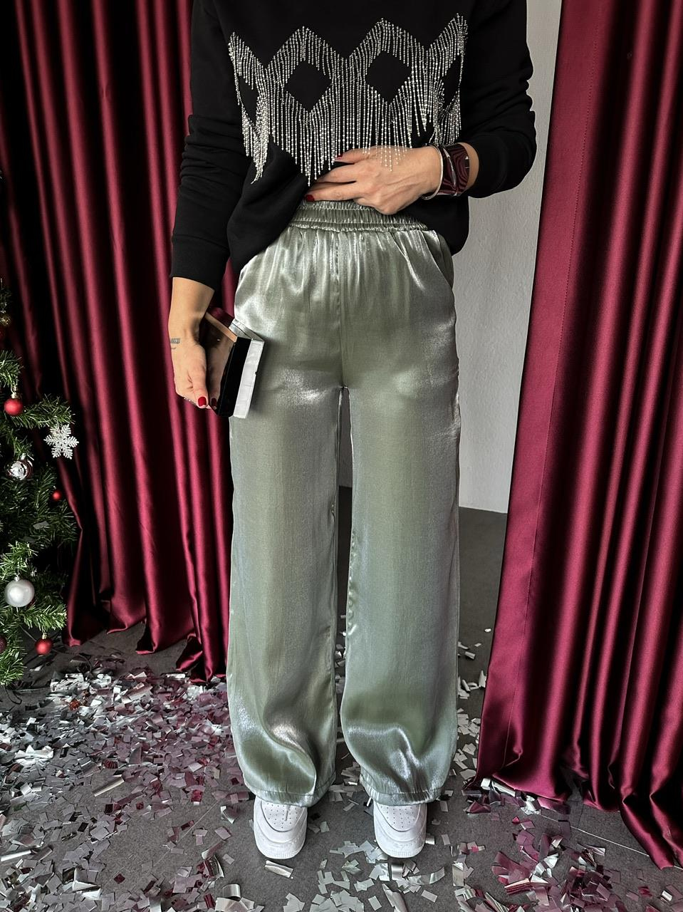 Yeşil Beli Lastikli Parlak Pantolon