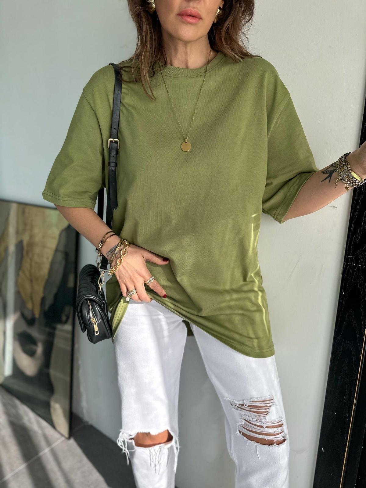 Yeşil Bisiklet Yaka Cotton Tshirt