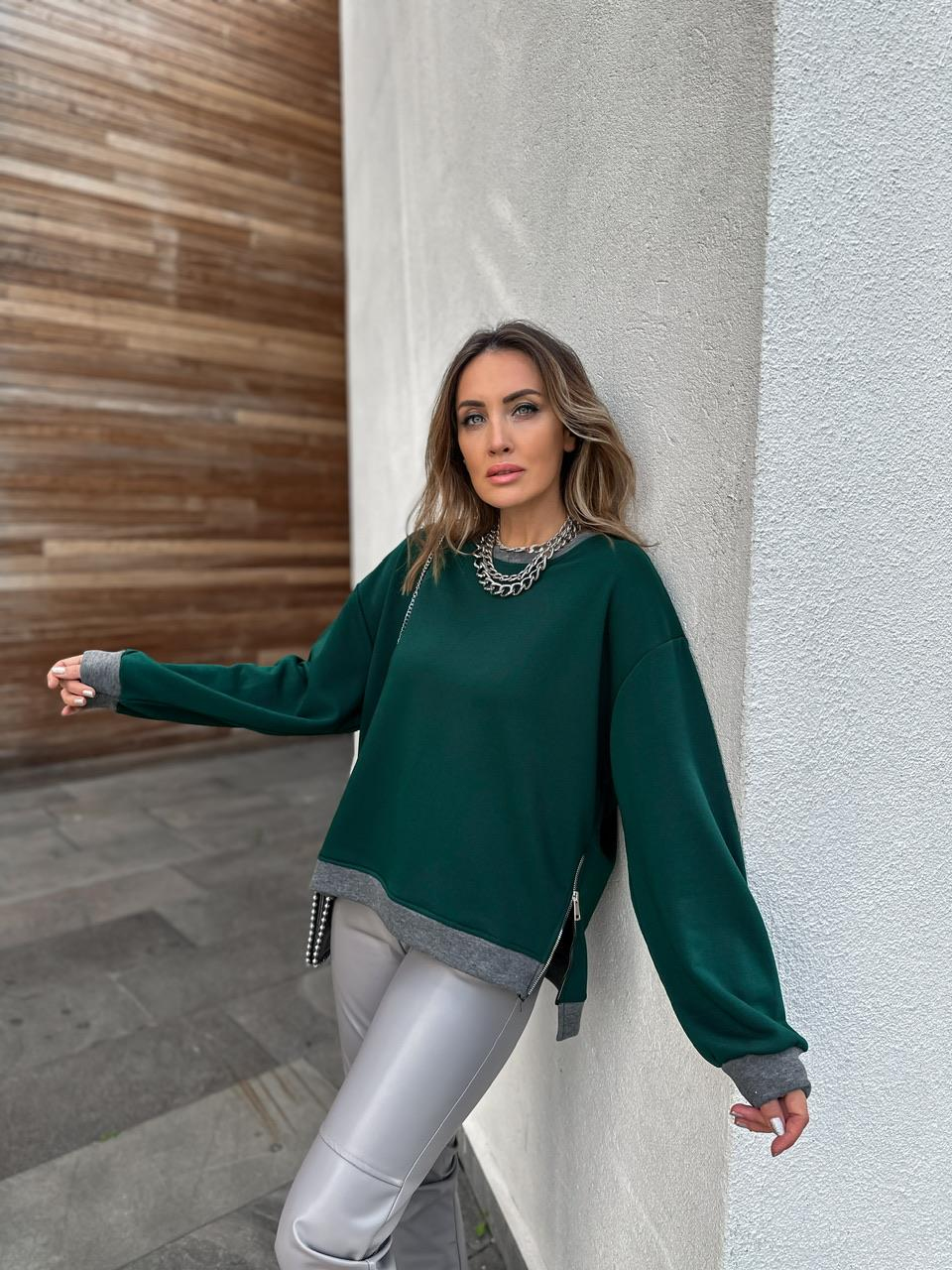 Yeşil Blok Renkli Fermuarlı Sweatshirt
