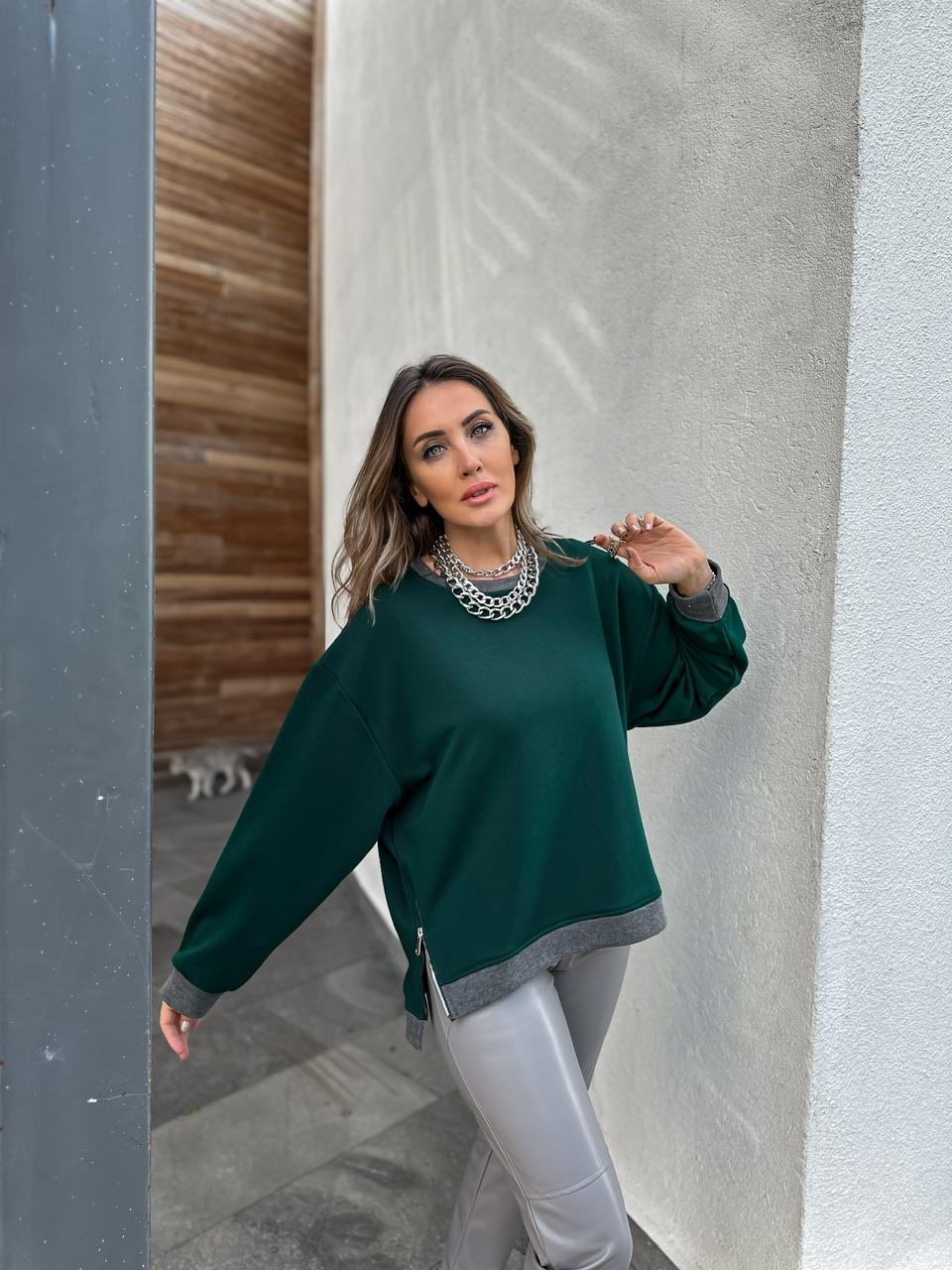 Yeşil Blok Renkli Fermuarlı Sweatshirt