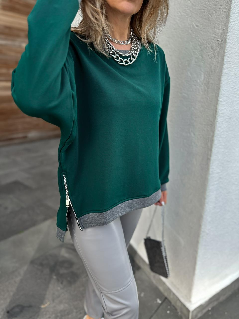 Yeşil Blok Renkli Fermuarlı Sweatshirt
