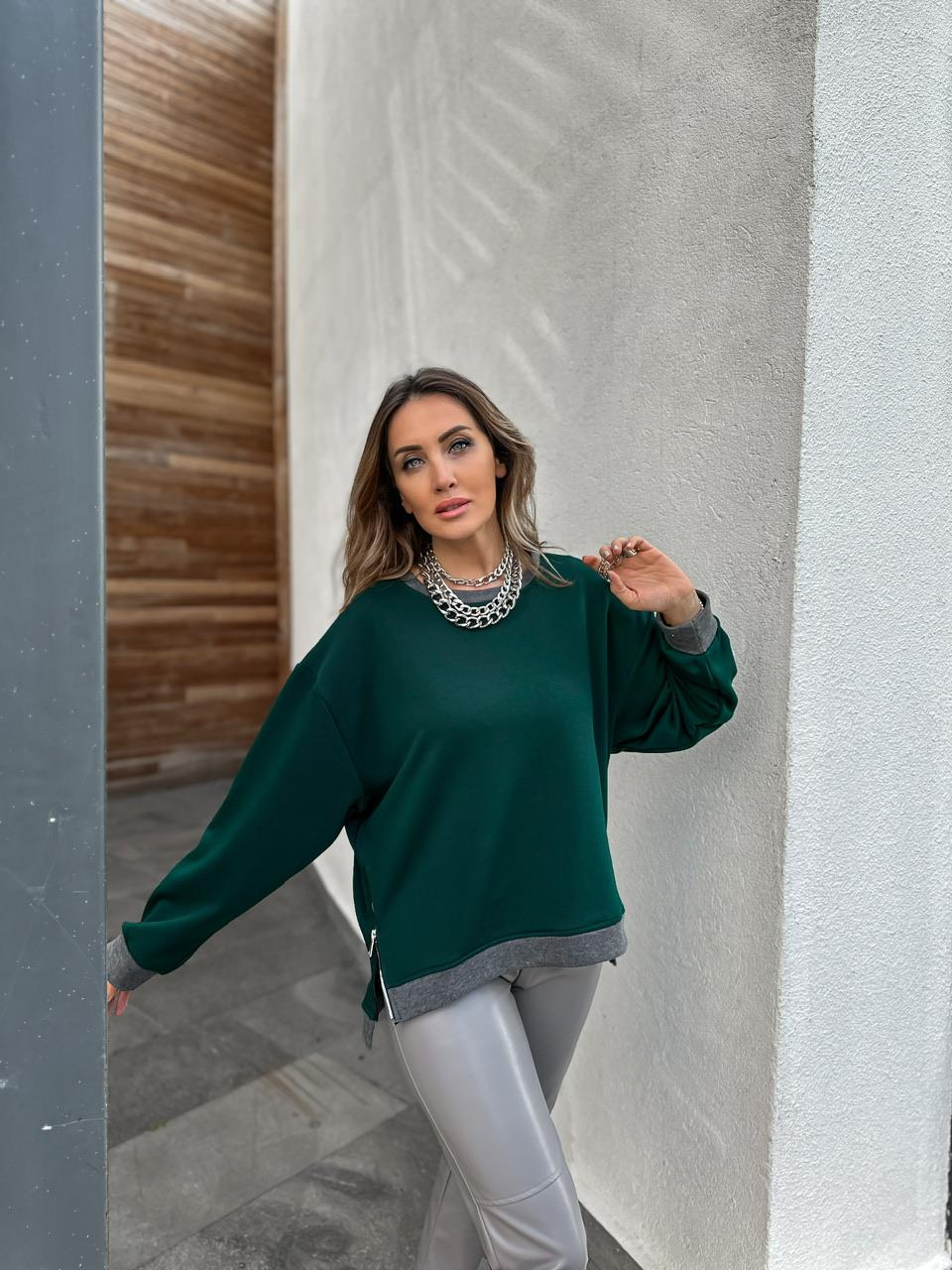 Yeşil Blok Renkli Fermuarlı Sweatshirt