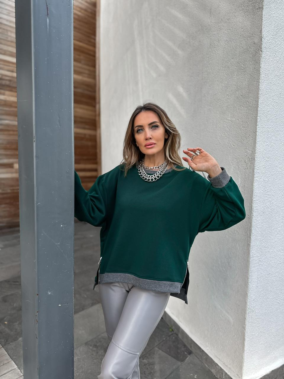 Yeşil Blok Renkli Fermuarlı Sweatshirt