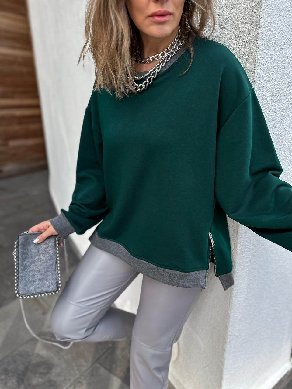 Yeşil Blok Renkli Fermuarlı Sweatshirt