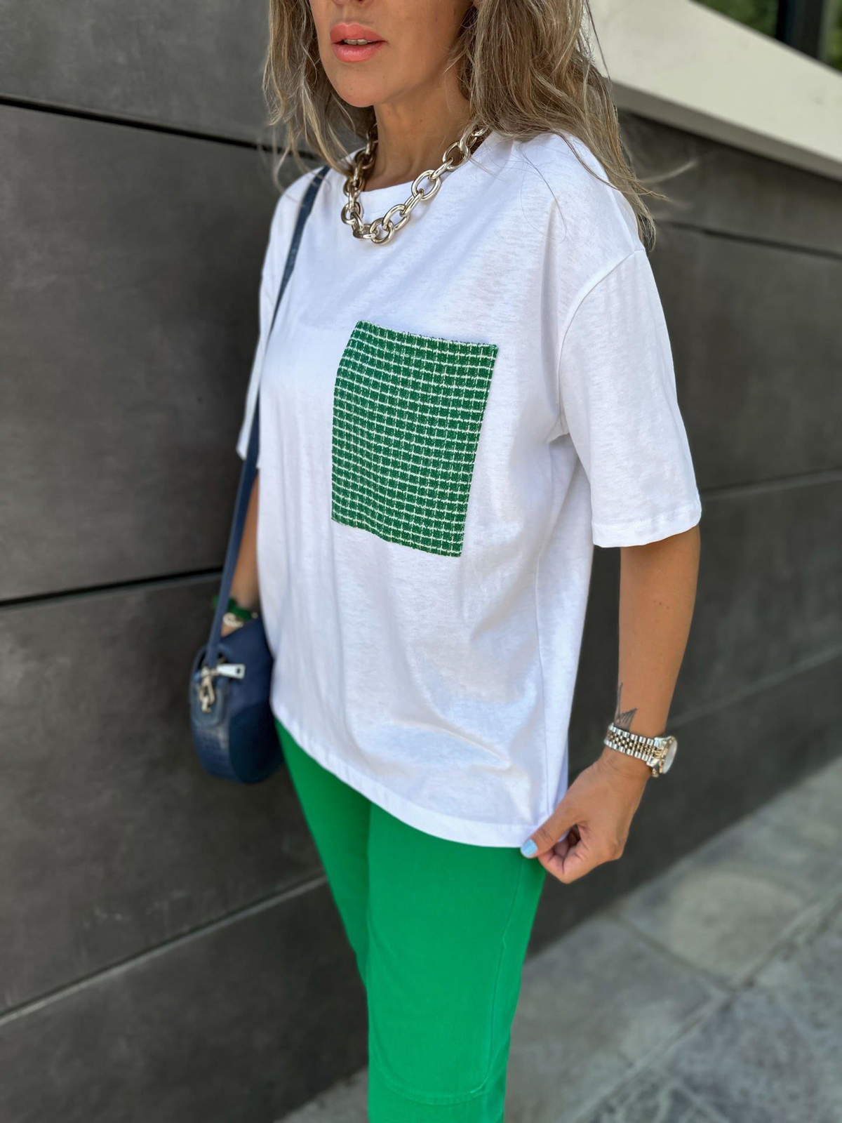 Yeşil Cep Detaylı Salaş Tshirt