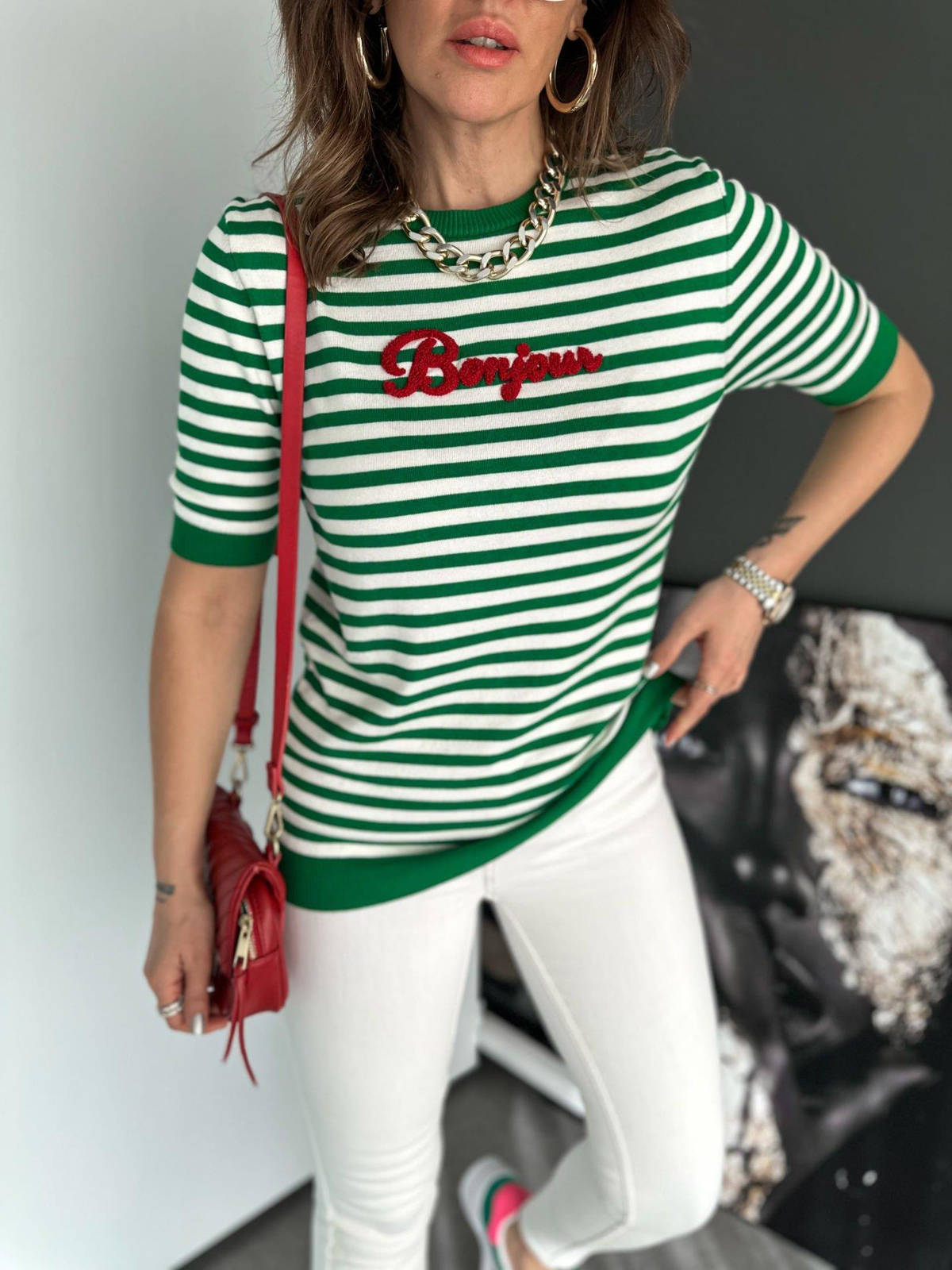 Yeşil Çizgili Bonjour Triko