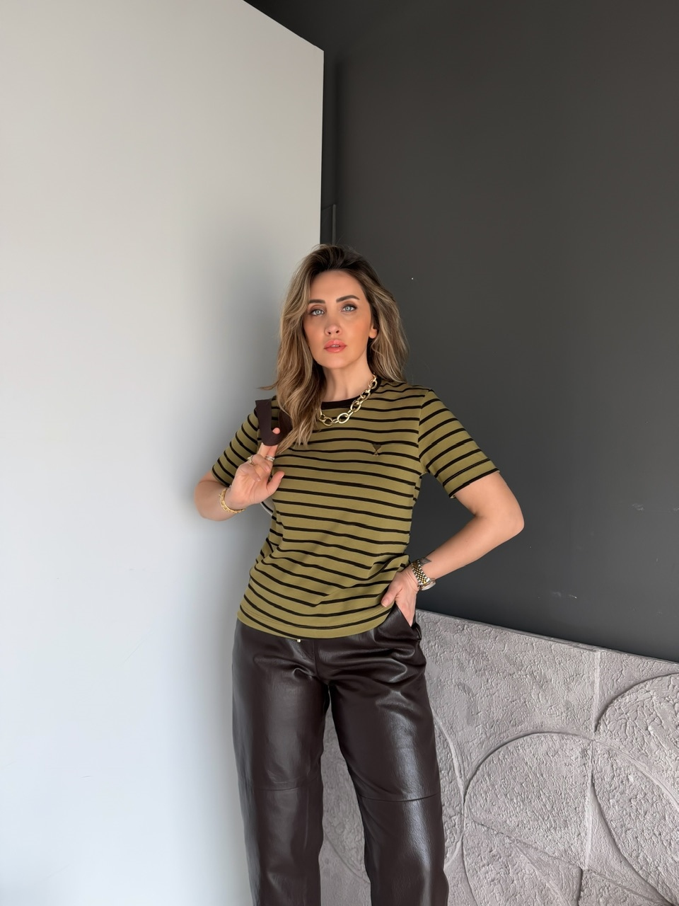 Yeşil Çizgili Cotton Ami Tshirt