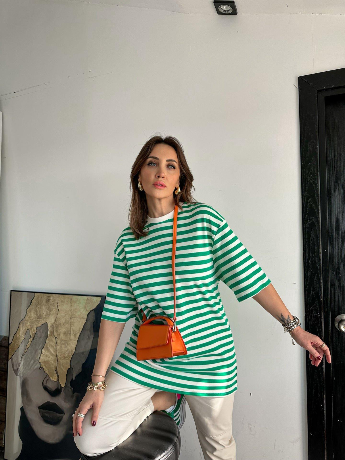 Yeşil Çizgili Cotton Tshirt
