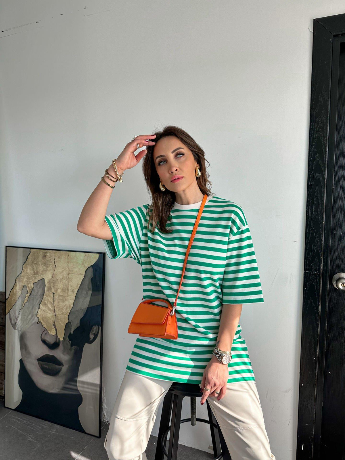 Yeşil Çizgili Cotton Tshirt