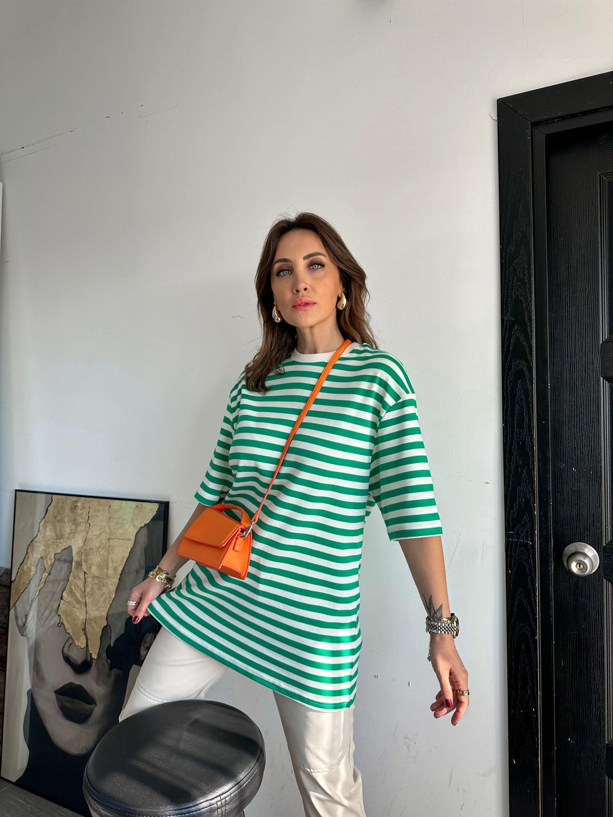 Yeşil Çizgili Cotton Tshirt